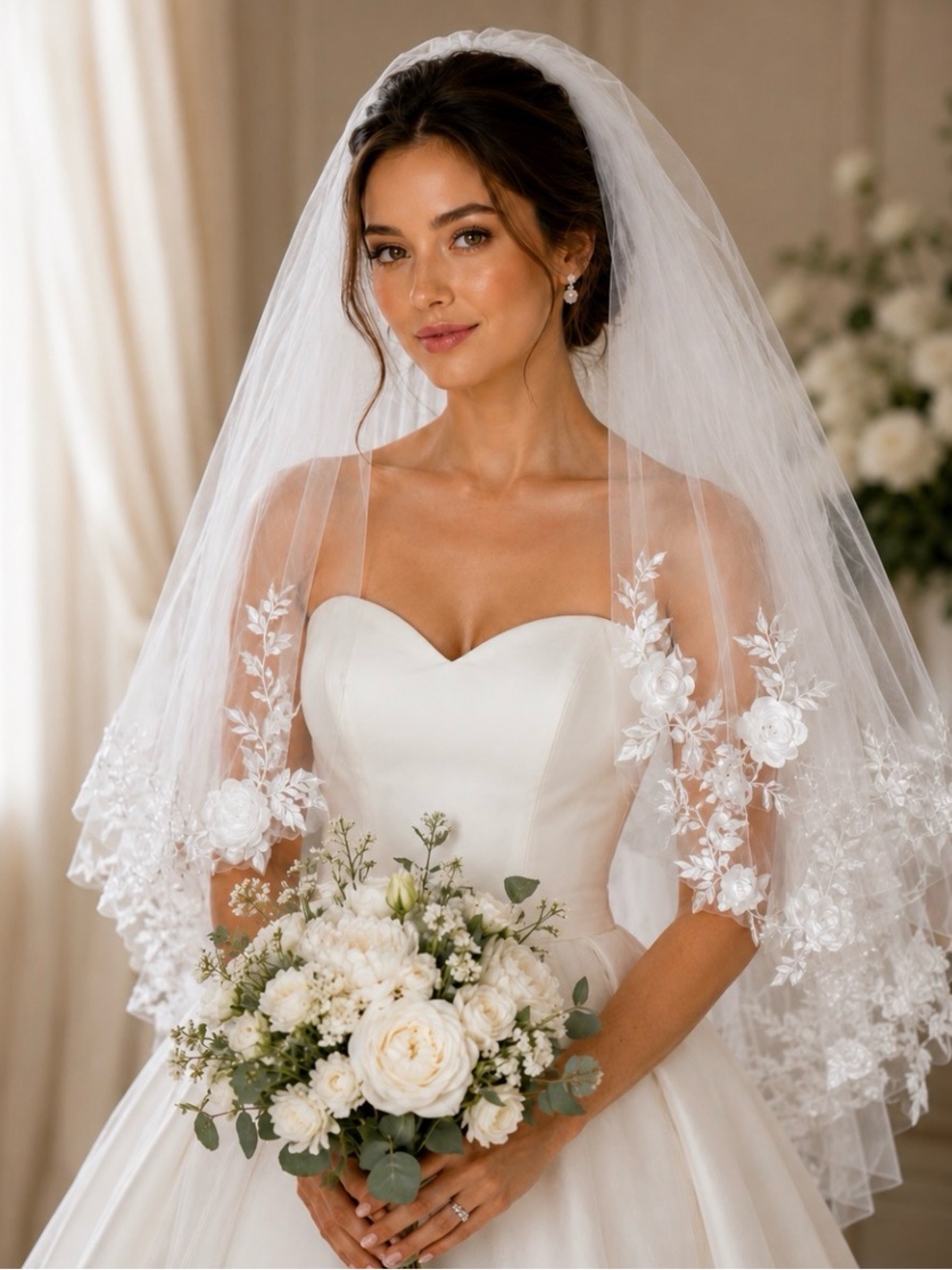 Elegant White Floral Lace Appliqué Veil